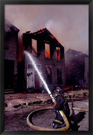 Framed Firefighter during a rescue operation, USA Print
