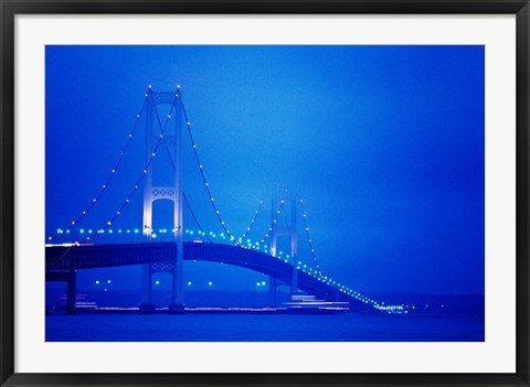 Framed Fog surrounding the Mackinac Bridge at dusk, Michigan, USA Print