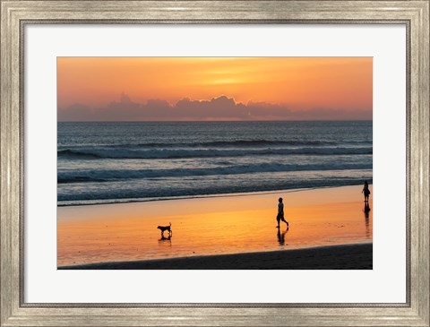 Framed Silhouette of people and dog walking on the beach, Seminyak, Kuta, Bali, Indonesia Print