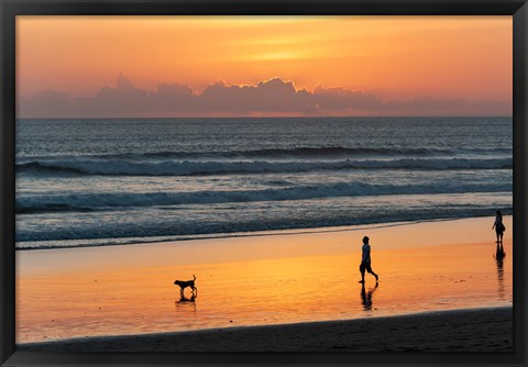 Framed Silhouette of people and dog walking on the beach, Seminyak, Kuta, Bali, Indonesia Print