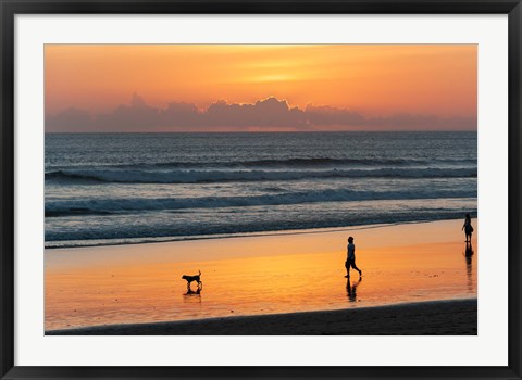 Framed Silhouette of people and dog walking on the beach, Seminyak, Kuta, Bali, Indonesia Print