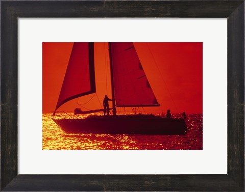 Framed Silhouette of a sailboat in a lake, Lake Michigan, Chicago, Cook County, Illinois, USA Print