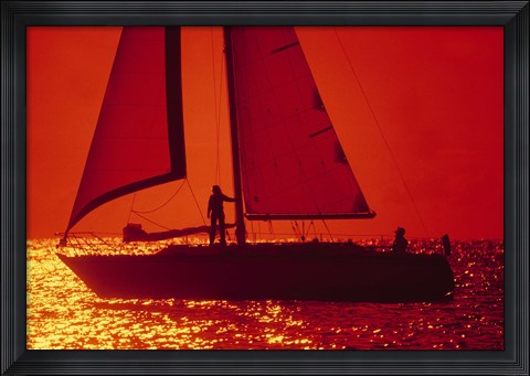 Framed Silhouette of a sailboat in a lake, Lake Michigan, Chicago, Cook County, Illinois, USA Print