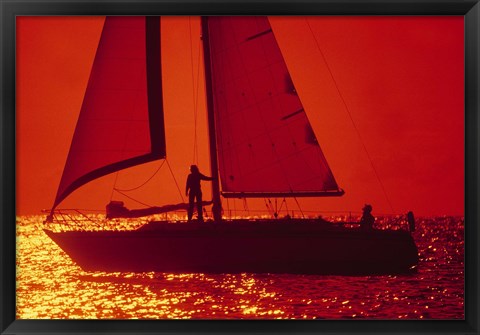 Framed Silhouette of a sailboat in a lake, Lake Michigan, Chicago, Cook County, Illinois, USA Print