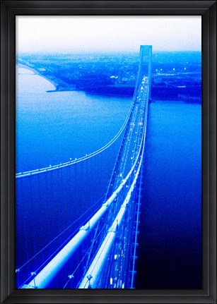 Framed Suspension bridge over the sea, Verrazano-Narrows Bridge, New York Harbor, New York City, New York State, USA Print