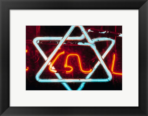 Framed Neon Jewish star symbol Print