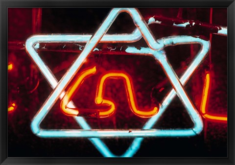 Framed Neon Jewish star symbol Print