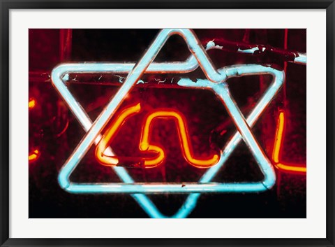 Framed Neon Jewish star symbol Print