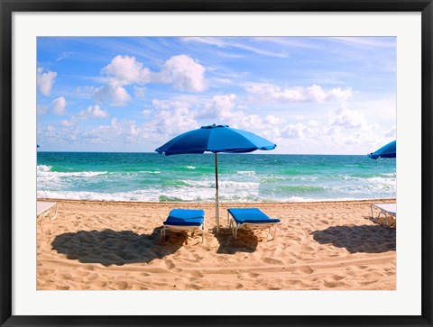 Framed Lounge chairs and beach umbrella on the beach, Fort Lauderdale Beach, Florida, USA Print