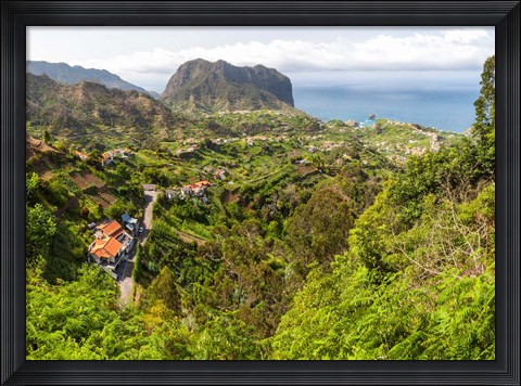 Framed High angle view of Porto da Cruz and Penha de Aguia from Portela, Madeira, Portugal Print