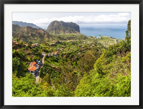 Framed High angle view of Porto da Cruz and Penha de Aguia from Portela, Madeira, Portugal Print