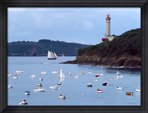 Framed Boats and lighthouse at Phare Du Portzic, Goulet De Brest, Finistere, Brittany, France Print