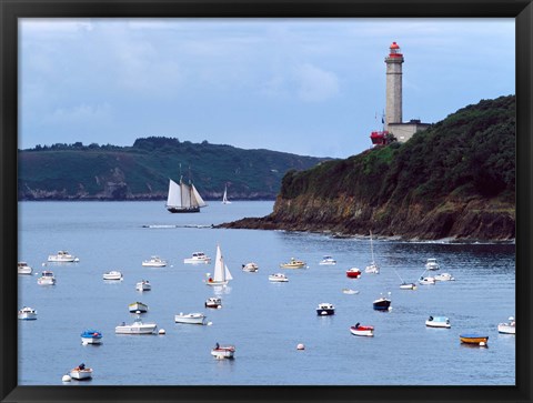 Framed Boats and lighthouse at Phare Du Portzic, Goulet De Brest, Finistere, Brittany, France Print