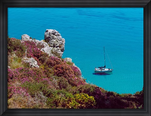 Framed Boat moored at Saint-Hernot, Crozon Peninsula, Baie De Douarnenez, Finistere, Brittany, France Print