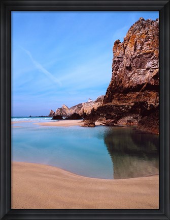 Framed Beach with a lighthouse in the background, Pointe Du Toulinguet, Crozon, Finistere, Brittany, France Print