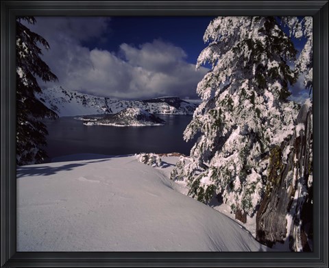 Framed Crater Lake in winter, Wizard Island, Crater Lake National Park, Oregon, USA Print