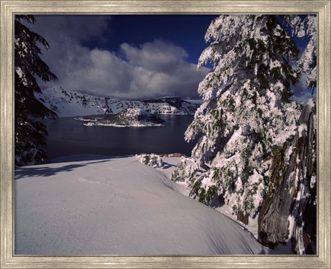 Framed Crater Lake in winter, Wizard Island, Crater Lake National Park, Oregon, USA Print