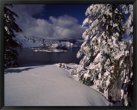Framed Crater Lake in winter, Wizard Island, Crater Lake National Park, Oregon, USA Print
