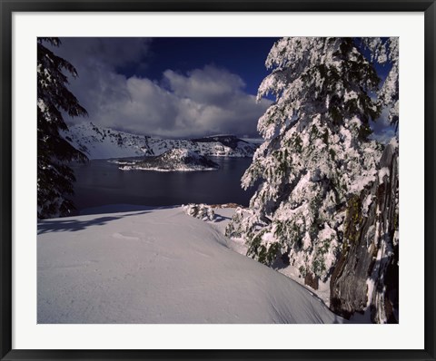 Framed Crater Lake in winter, Wizard Island, Crater Lake National Park, Oregon, USA Print