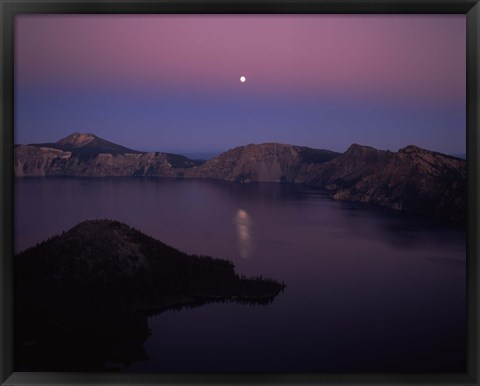Framed Moonrise over Wizard Island, Crater Lake, Crater Lake National Park, Oregon, USA Print