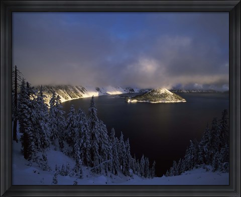 Framed Wizard Island at Crater Lake in winter, Crater Lake National Park, Oregon, USA Print