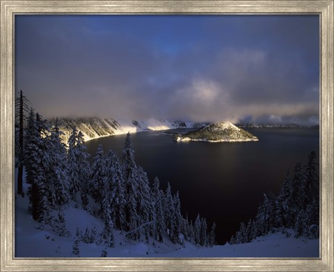 Framed Wizard Island at Crater Lake in winter, Crater Lake National Park, Oregon, USA Print