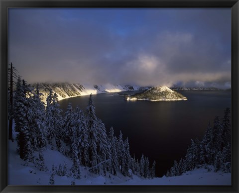 Framed Wizard Island at Crater Lake in winter, Crater Lake National Park, Oregon, USA Print