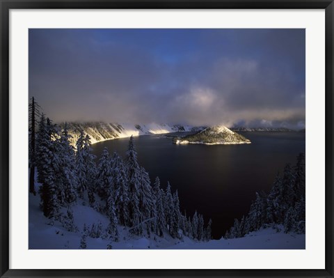 Framed Wizard Island at Crater Lake in winter, Crater Lake National Park, Oregon, USA Print