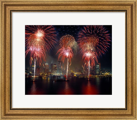 Framed Fireworks display at night on Freedom Festival at Detroit (in Michigan, USA) viewed from Windsor, Ontario, Canada 2013 Print