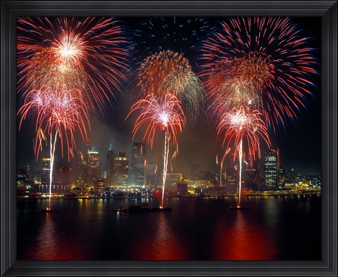 Framed Fireworks display at night on Freedom Festival at Detroit (in Michigan, USA) viewed from Windsor, Ontario, Canada 2013 Print