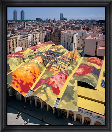 Framed High angle view of Santa Caterina Market with cityscape in the background, Barcelona, Catalonia, Spain Print
