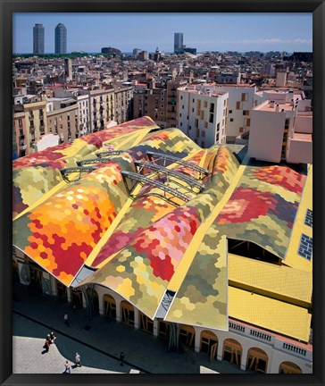 Framed High angle view of Santa Caterina Market with cityscape in the background, Barcelona, Catalonia, Spain Print