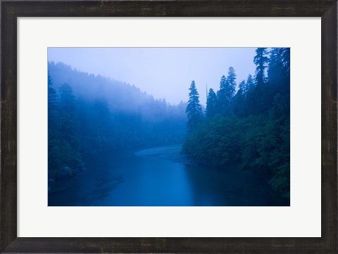 Framed River passing through a forest in the rainy morning, Jedediah Smith Redwoods State Park, Crescent City, California, USA Print