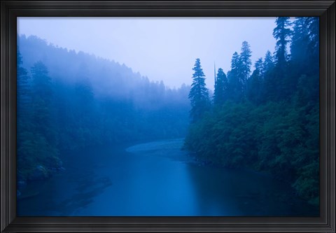 Framed River passing through a forest in the rainy morning, Jedediah Smith Redwoods State Park, Crescent City, California, USA Print