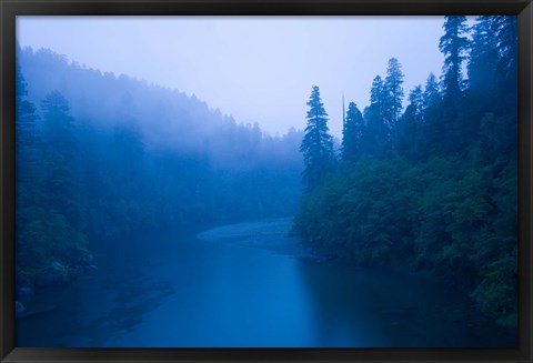 Framed River passing through a forest in the rainy morning, Jedediah Smith Redwoods State Park, Crescent City, California, USA Print