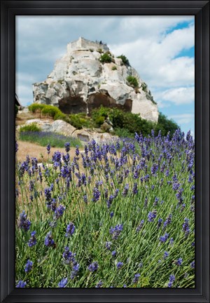 Framed Lavender field in front of ruins of fortress on a rock, Les Baux-de-Provence, Provence-Alpes-Cote d&#39;Azur, France Print