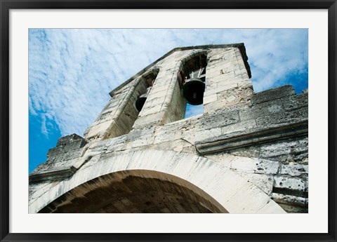 Framed Low angle view of a bell tower on a bridge, Pont Saint-Benezet, Rhone River, Provence-Alpes-Cote d&#39;Azur, France Print