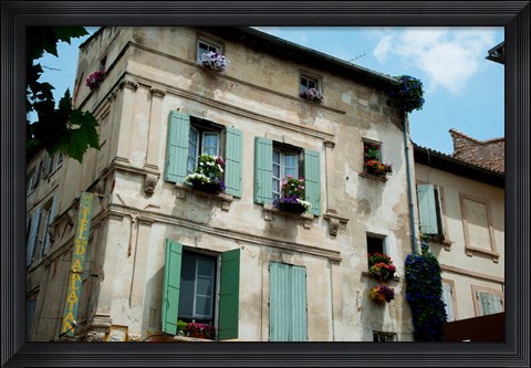 Framed View of an old building with flower pots on each window, Rue Des Arenes, Arles, Provence-Alpes-Cote d&#39;Azur, France Print