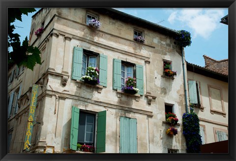 Framed View of an old building with flower pots on each window, Rue Des Arenes, Arles, Provence-Alpes-Cote d&#39;Azur, France Print