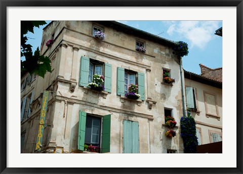 Framed View of an old building with flower pots on each window, Rue Des Arenes, Arles, Provence-Alpes-Cote d&#39;Azur, France Print