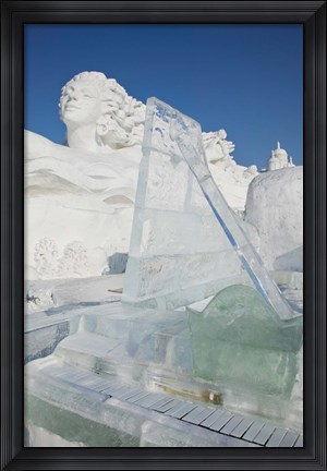 Framed Ice piano by frozen Sun Island Lake at Harbin International Sun Island Snow Sculpture Art Fair, Harbin, China Print