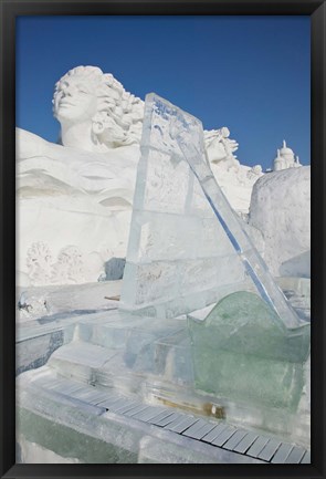 Framed Ice piano by frozen Sun Island Lake at Harbin International Sun Island Snow Sculpture Art Fair, Harbin, China Print