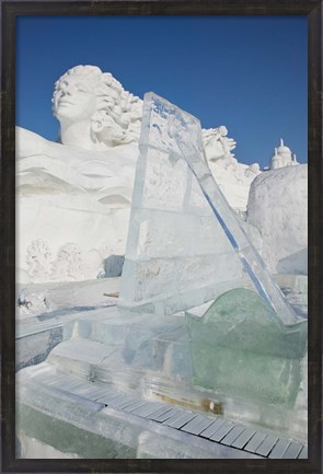 Framed Ice piano by frozen Sun Island Lake at Harbin International Sun Island Snow Sculpture Art Fair, Harbin, China Print