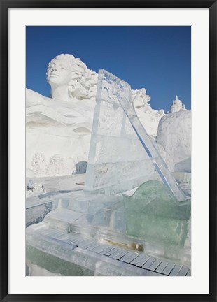 Framed Ice piano by frozen Sun Island Lake at Harbin International Sun Island Snow Sculpture Art Fair, Harbin, China Print