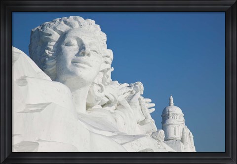 Framed French themed Snow Sculpture by frozen Sun Island Lake, Harbin, China Print