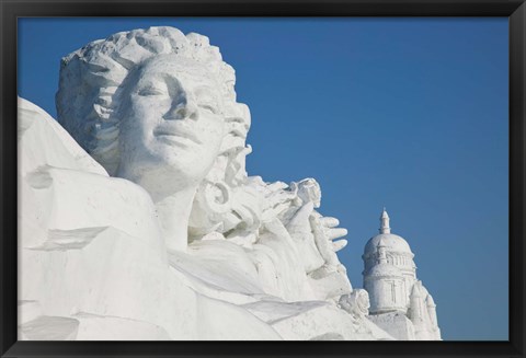 Framed French themed Snow Sculpture by frozen Sun Island Lake, Harbin, China Print