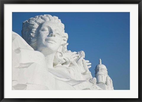 Framed French themed Snow Sculpture by frozen Sun Island Lake, Harbin, China Print