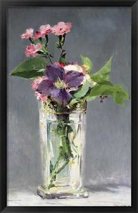 Framed Pinks and Clematis in a Crystal Vase, c.1882 Print