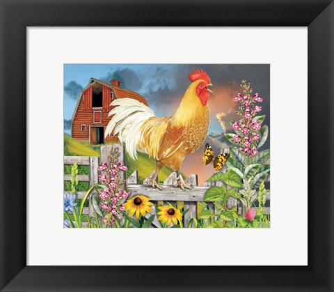 Framed Yellow Rooster Greeting The Day Print