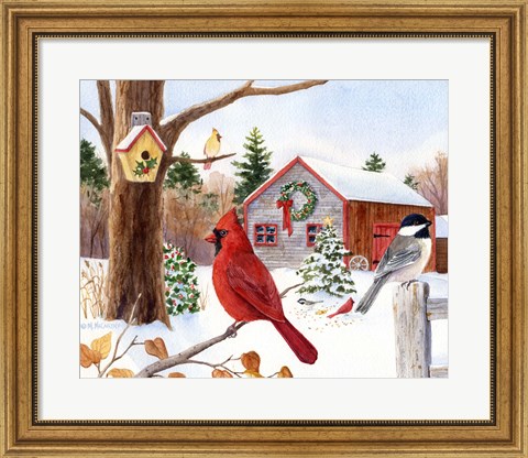 Framed Cardinal, Chickadee &amp; Christmas Barn Print